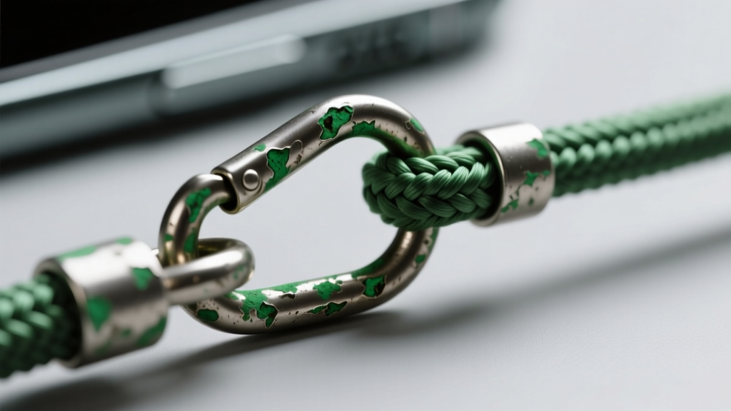 Macro photography of a tarnished zinc alloy jump ring connecting a phone tether to a nylon cord, showing visible green oxidation.