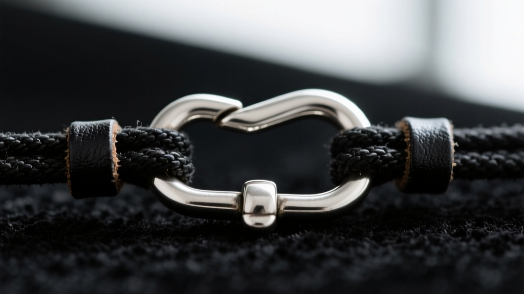 Macro shot of a sterling silver toggle clasp on a 3mm black suede leather cord, highlighting a soldered jump ring and dark patina.