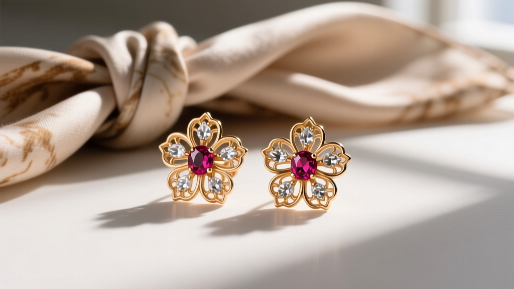 Mid-century 14k rose gold retro floral earrings with calibre-cut rubies displayed on a faded silk scarf in natural window light.