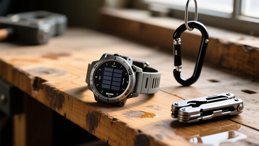 Garmin Instinct 2X Solar Tactical watch with scuffed bezel resting on a weathered wooden workbench next to a steel carabiner and multitool