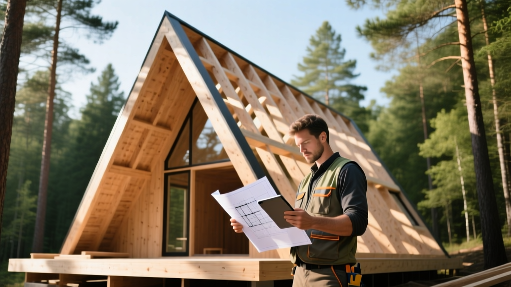Modern timber A-frame cabin under construction in a pine forest with exposed roof trusses and a worker reviewing blueprints on a tablet