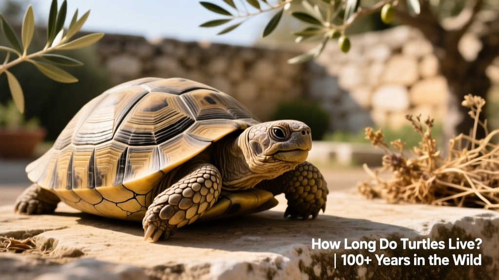 A close-up of an elderly Greek tortoise basking peacefully on sun-warmed stone