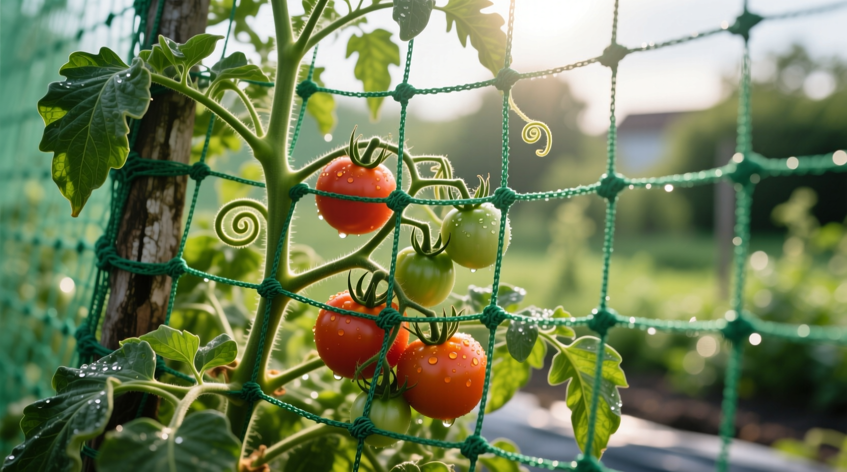 Tomato plants growing through support netting