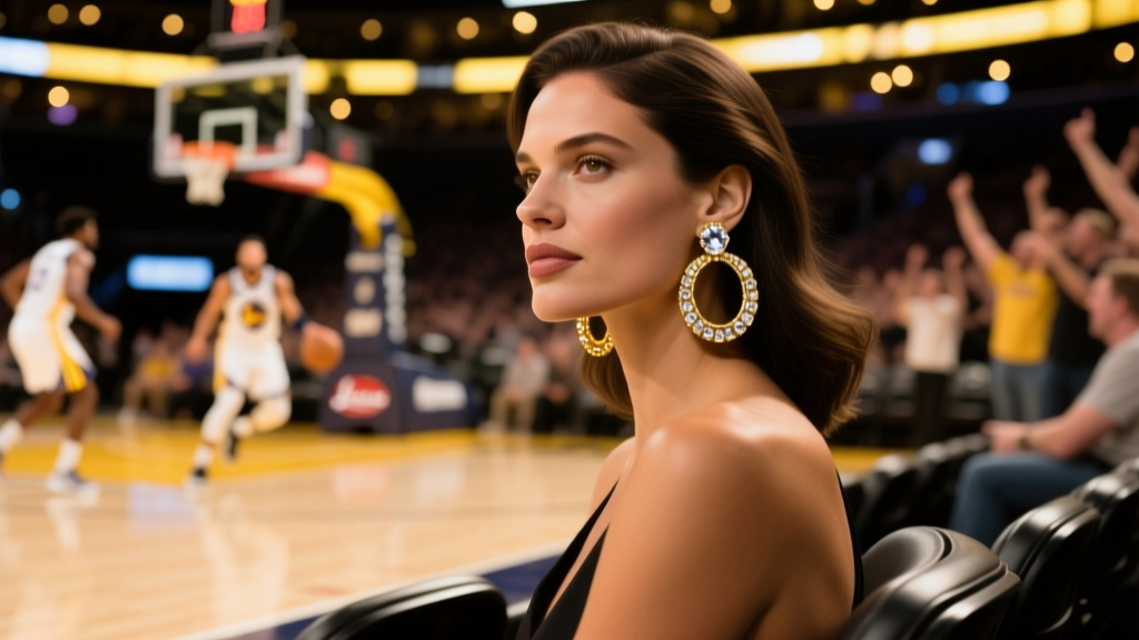Woman wearing oversized gold diamond hoop earrings, sitting courtside at a basketball game under warm, blurred arena lights