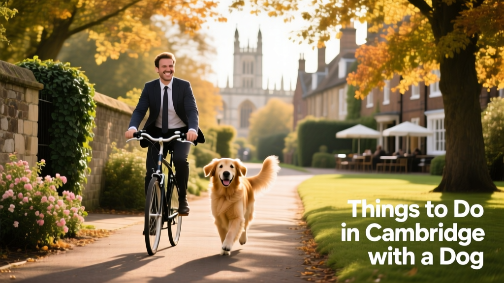 A person cycling through a leafy Cambridge path with their dog trotting happily beside them