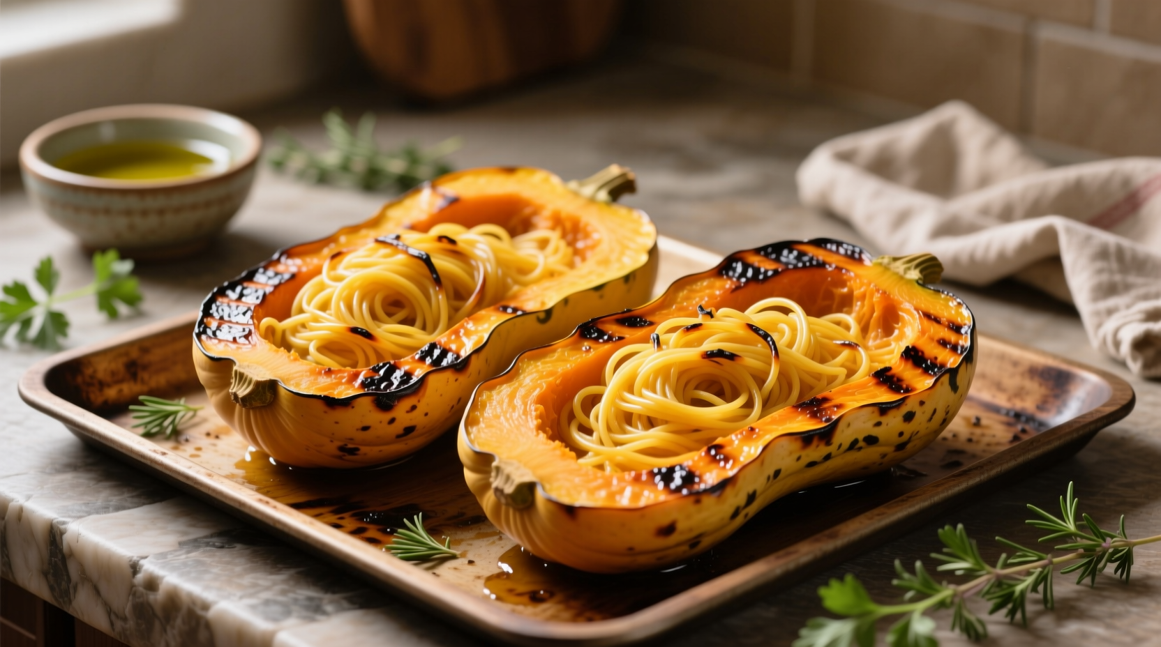 Perfectly roasted spaghetti squash halves on baking sheet