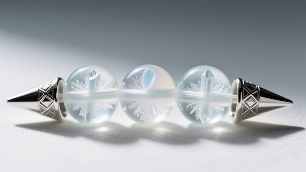 Macro photography of 6/0 Czech glass ghost beads showing the inner frosted texture and sterling silver stamped cone ends.