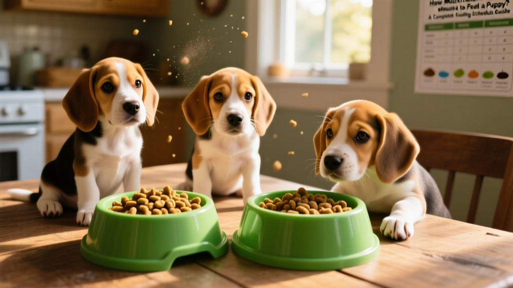 A close-up of two green plastic dog bowls filled with kibble, surrounded by three curious Beagle puppies