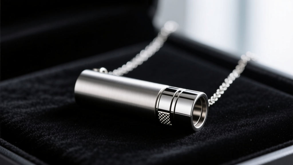 Brushed metal cigarette holder necklace on dark velvet, showing a sleek cylindrical pendant and a functional heat-resistant design.