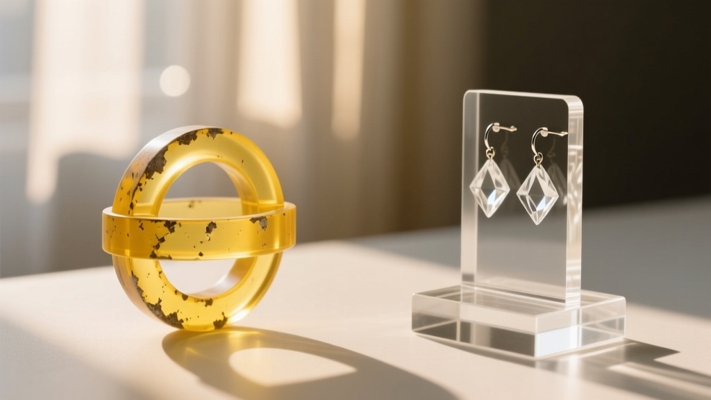 Side-by-side comparison of a yellowed extruded acrylic ring holder next to a crystal-clear UV-resistant cast acrylic earring stand.