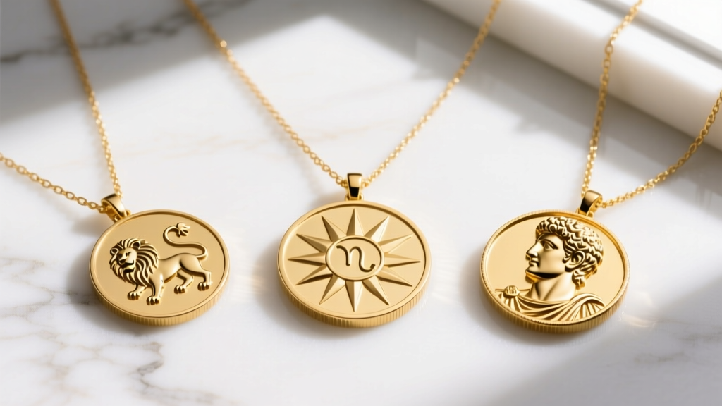 Flat lay of three layered 14k yellow gold coin necklaces featuring a zodiac, a tarot sun, and a Roman emperor replica on marble