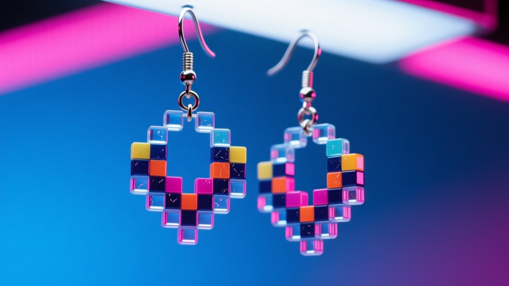 Macro shot of glossy UV-resin coated perler bead earrings dangling from titanium hooks against a stark neon-lit studio backdrop