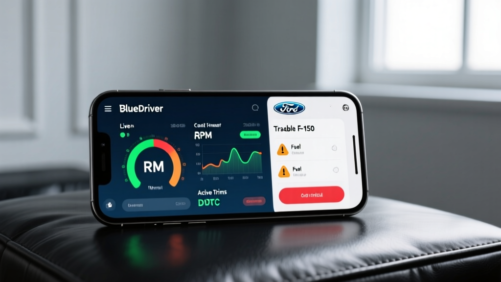 A smartphone screen displaying the BlueDriver app interface showing live engine telemetry and diagnostic trouble codes for a Ford F-150.
