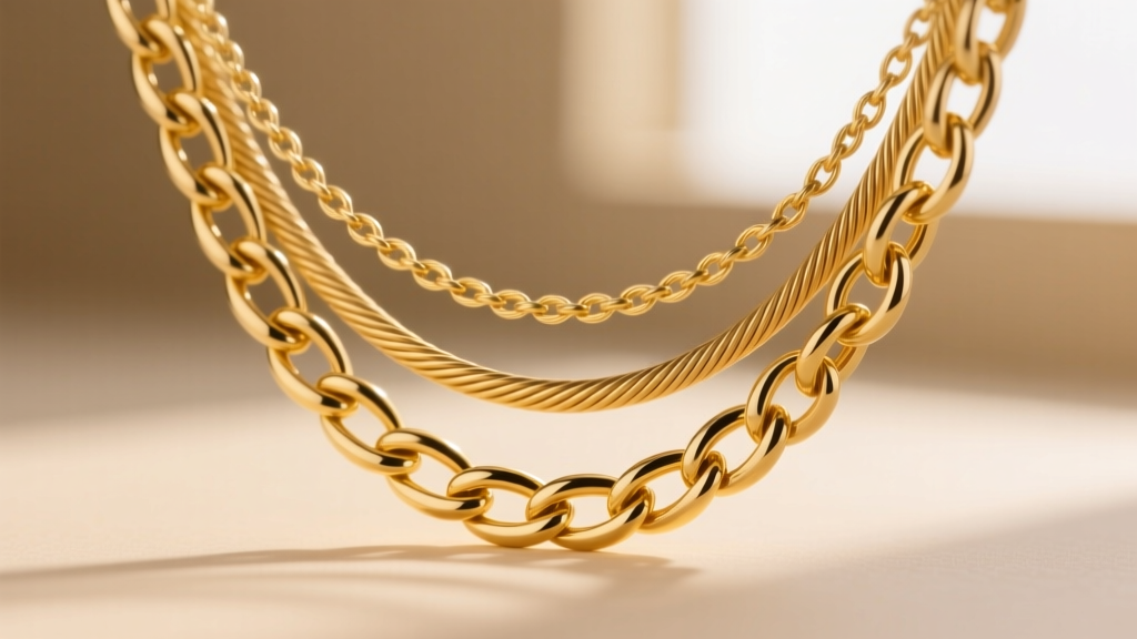 Macro shot of a 14k yellow gold figaro chain layered with a 1.2mm cable chain, highlighting the contrasting metal link textures