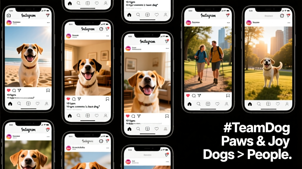 A collage of smartphone screenshots showing Instagram posts filled with happy dogs in various settings