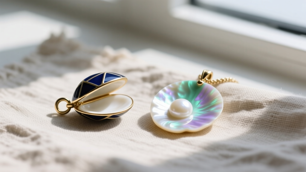 Macro comparison of a cold enamel brass clam charm and a carved mother of pearl shell pendant resting on natural linen fabric.