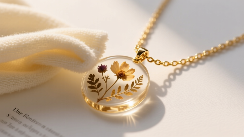 Soft microfiber cloth gently wiping a gold-filled chain attached to a botanical resin pendant, illuminated by warm natural light