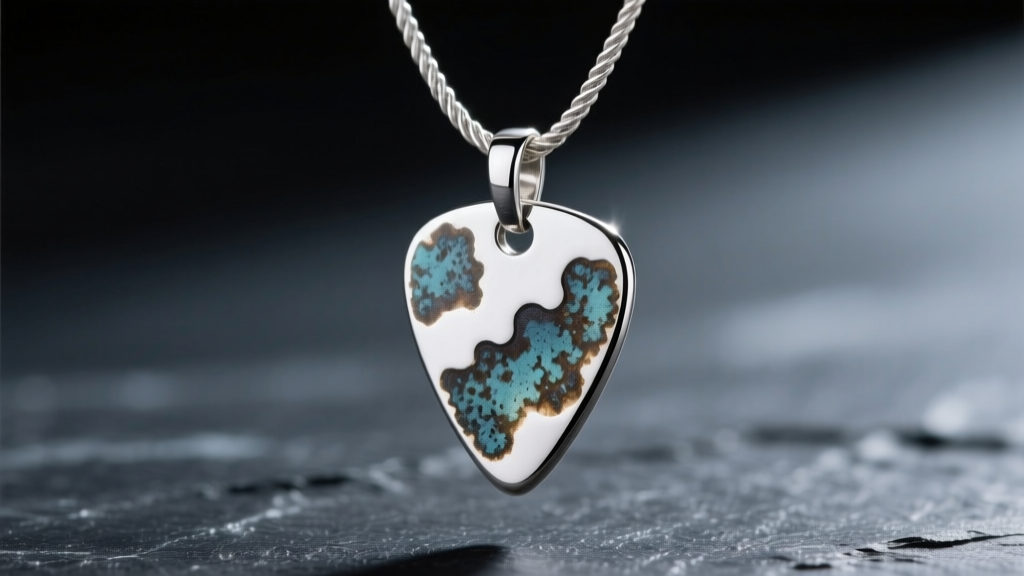 Close-up of a sterling silver guitar pick pendant with an oxidized patina, hanging on a 1.5mm rope chain against dark slate