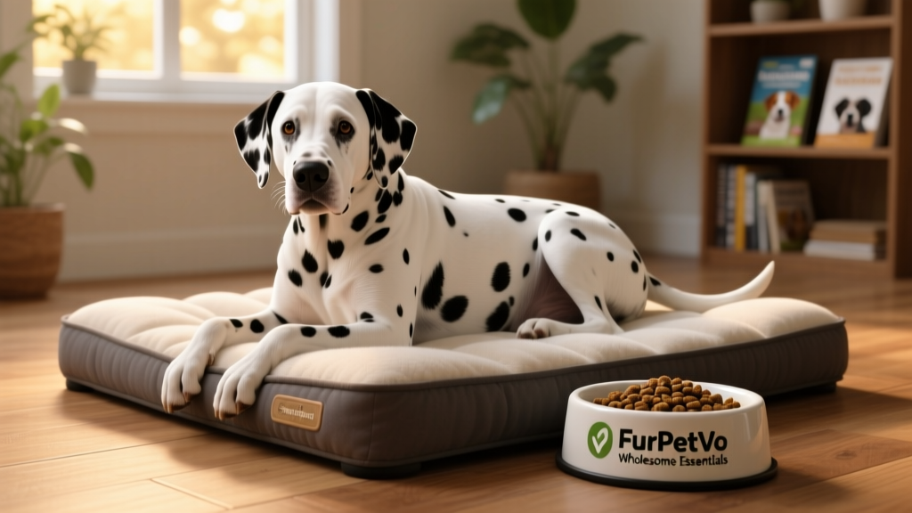 Senior Dalmatian resting comfortably on a soft orthopedic bed, with FurPetVo Wholesome Essentials bowl nearby