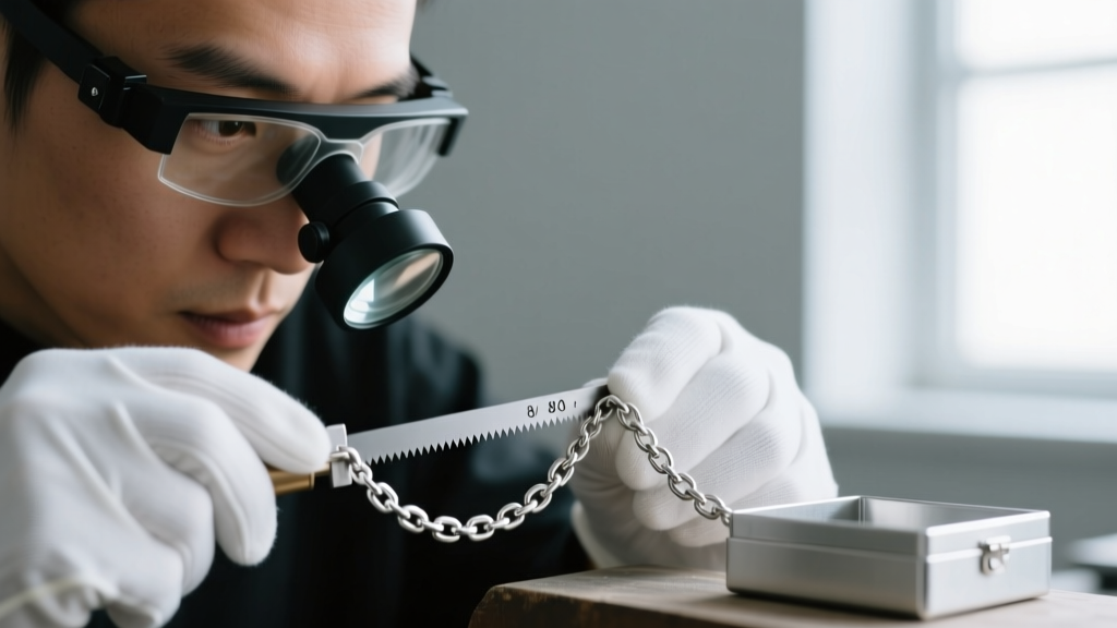Jeweler using an 8/0 saw blade to cut a link on a sterling silver box chain without kinking the metal under a magnifying visor