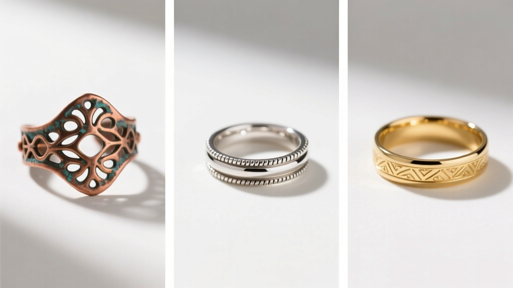 Grid layout of three jewelry tiers: a copper costume piece, a sterling silver vermeil demi-fine ring, and an 18k solid gold band
