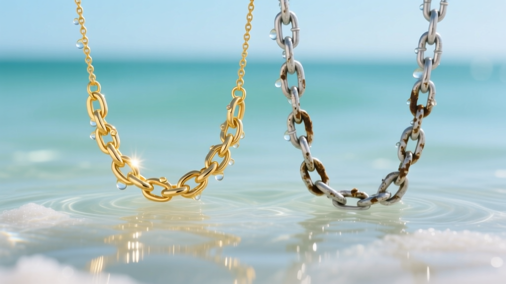 Macro shot of a pristine solid 14k gold beachy necklace and a tarnished silver chain partially submerged in clear ocean saltwater