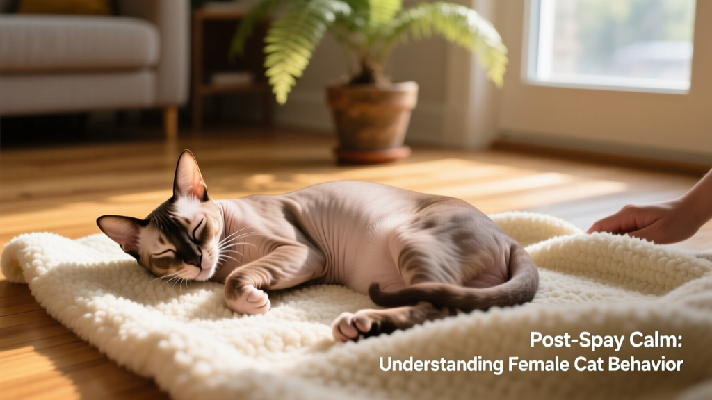 A relaxed, contented spayed female cat resting peacefully on a soft blanket
