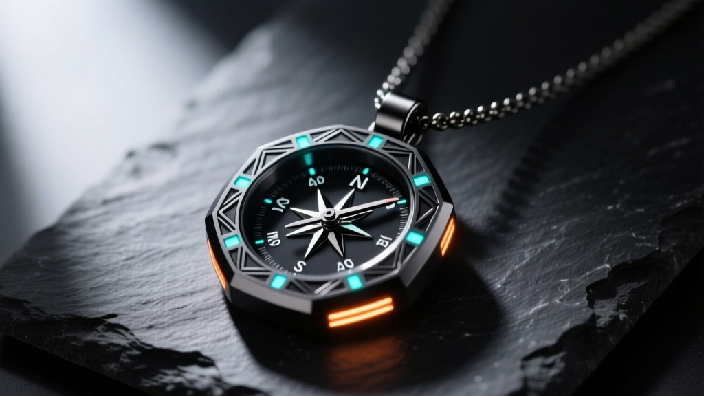 Close-up of a matte black titanium compass AI necklace pendant resting on dark slate, glowing with subtle LED coordinate markers