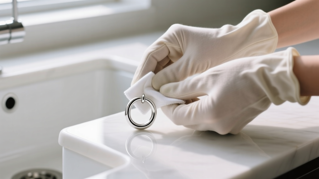 Hands in cotton gloves wiping a sterling silver huggie earring with a microfiber polishing cloth over a white ceramic sink.