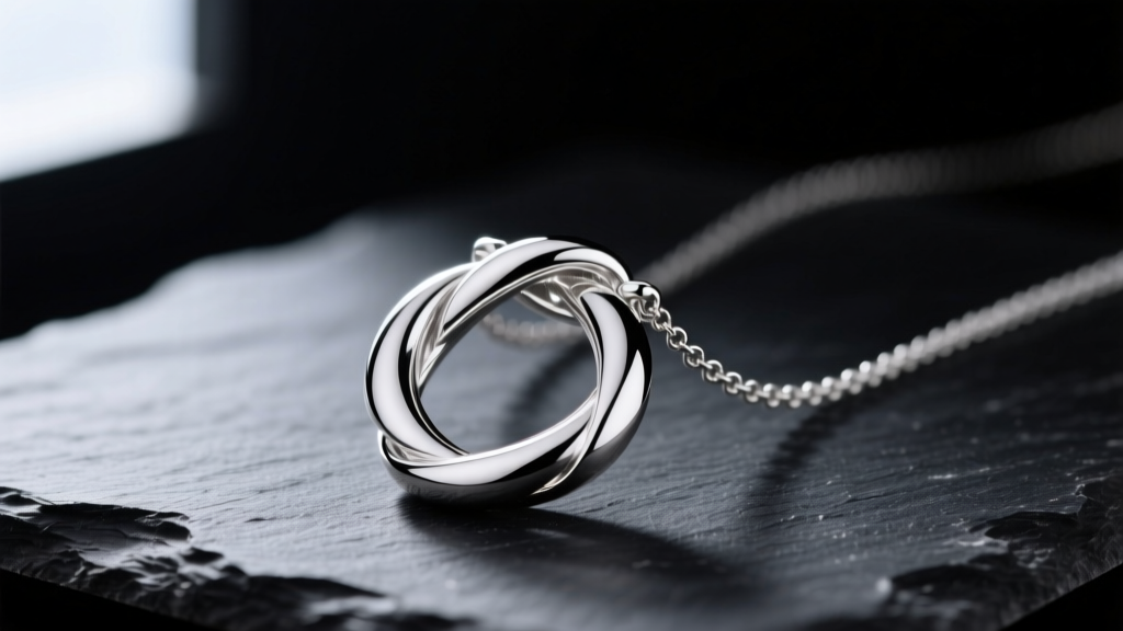 Close-up of a 925 sterling silver necklace with a thick interlocking ring pendant, resting on dark slate under soft studio light