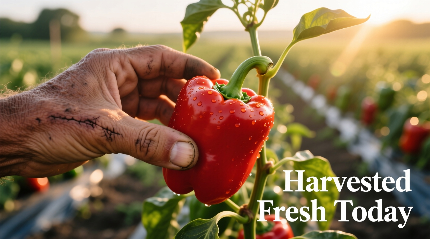Close-up of hand harvesting ripe red bell peppers