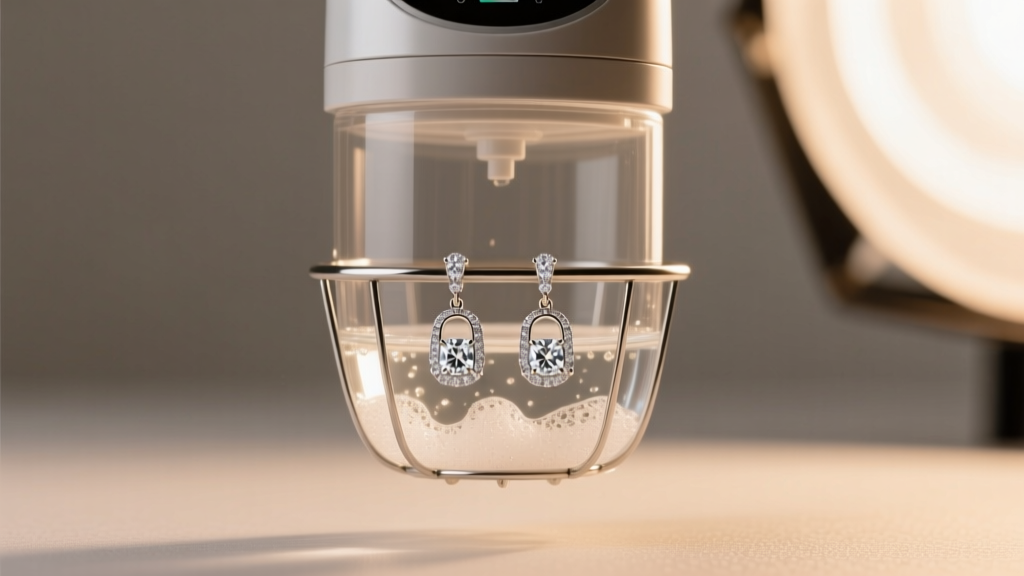 Ultrasonic cleaner with mild soapy water holding diamond drop english lock earrings in a steel basket under soft warm lighting.