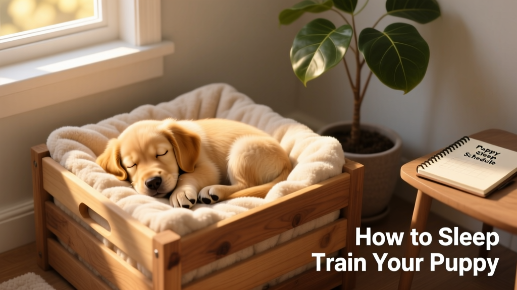 A calm, sleepy puppy curled up in a cozy crate with soft bedding