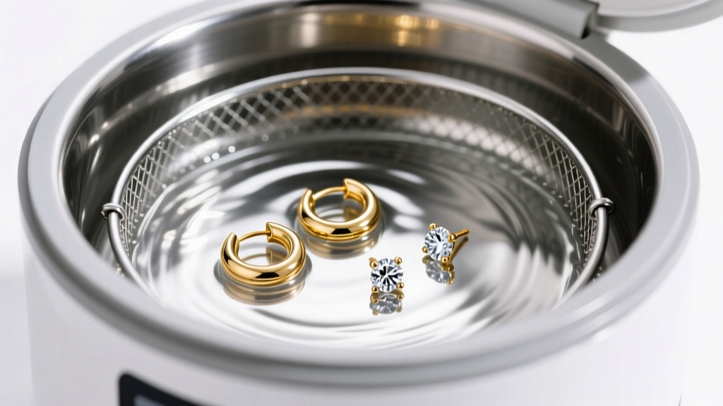 Ultrasonic cleaner with water, mesh basket holding gold huggies and diamond studs under bright studio lighting, crisp macro detail.