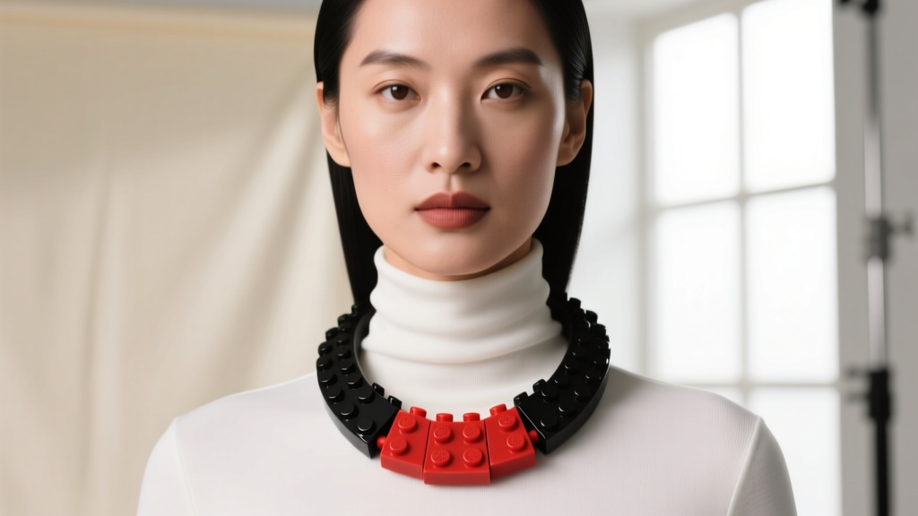 Adult wearing a matte black and red silicone lego chew necklace over a white turtleneck, soft studio lighting, fashion editorial look