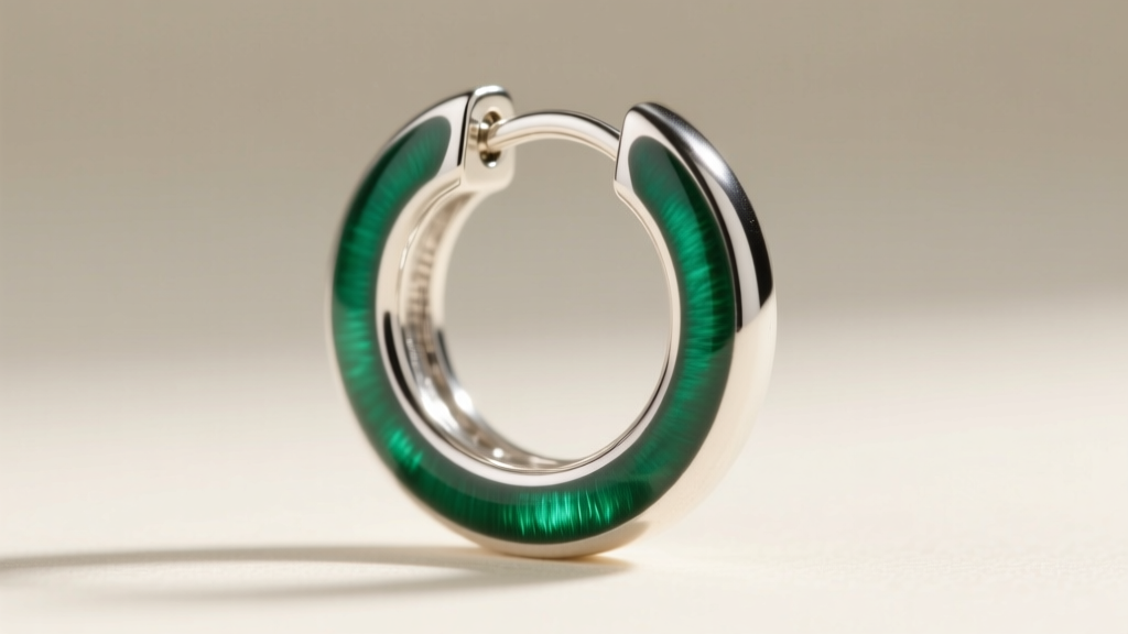 Close-up of 20-gauge sterling silver huggie hoop earring with vitreous sage green enamel and a secure la pousette earring back.