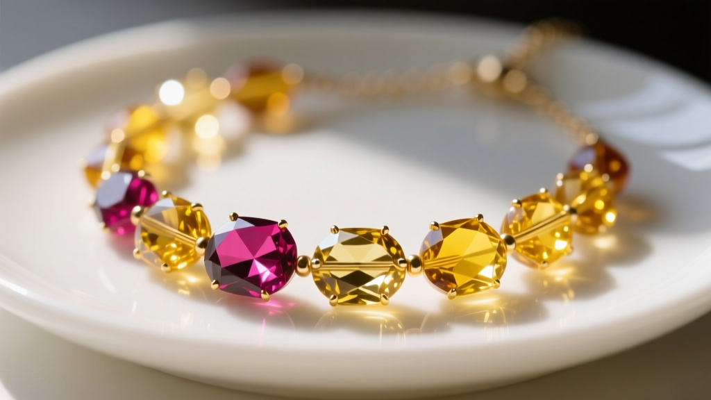 Macro view of a gemstone candy necklace with faceted tourmaline and yellow citrine beads resting on a white tray in warm light.