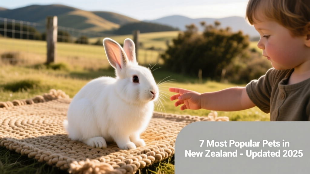 A fluffy rabbit sitting calmly on a woven rug beside a child’s hand