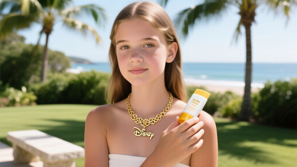 A teen wearing a gold-plated Girls Crew Disney necklace while applying sunscreen, highlighting the need to protect the metal finish