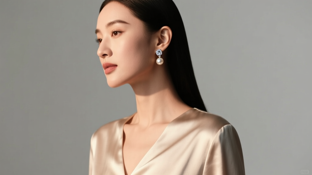 Side profile of a woman with an oval face wearing diamond pearl drop earrings and a silk v-neck blouse under warm studio lighting.