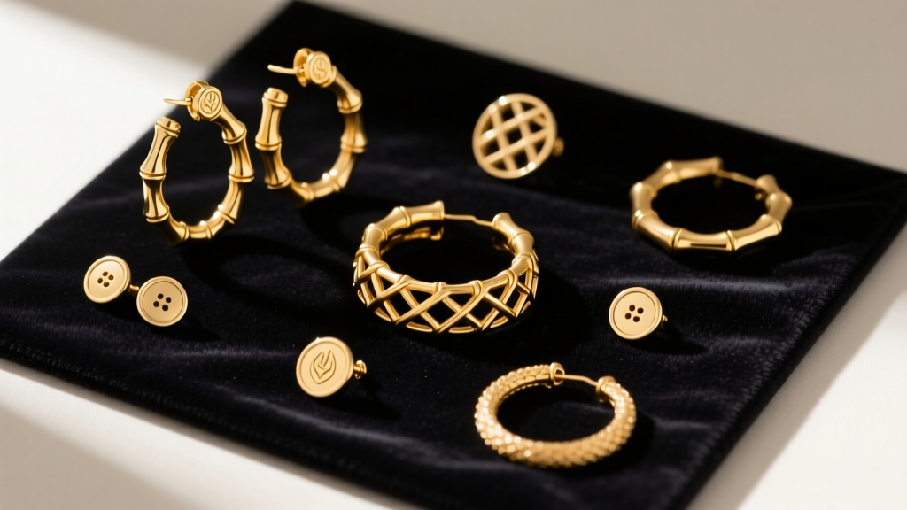 Flat lay of assorted 1990s vintage 14k gold bamboo hoop earrings and button studs resting on a dark velvet jewelry appraisal pad