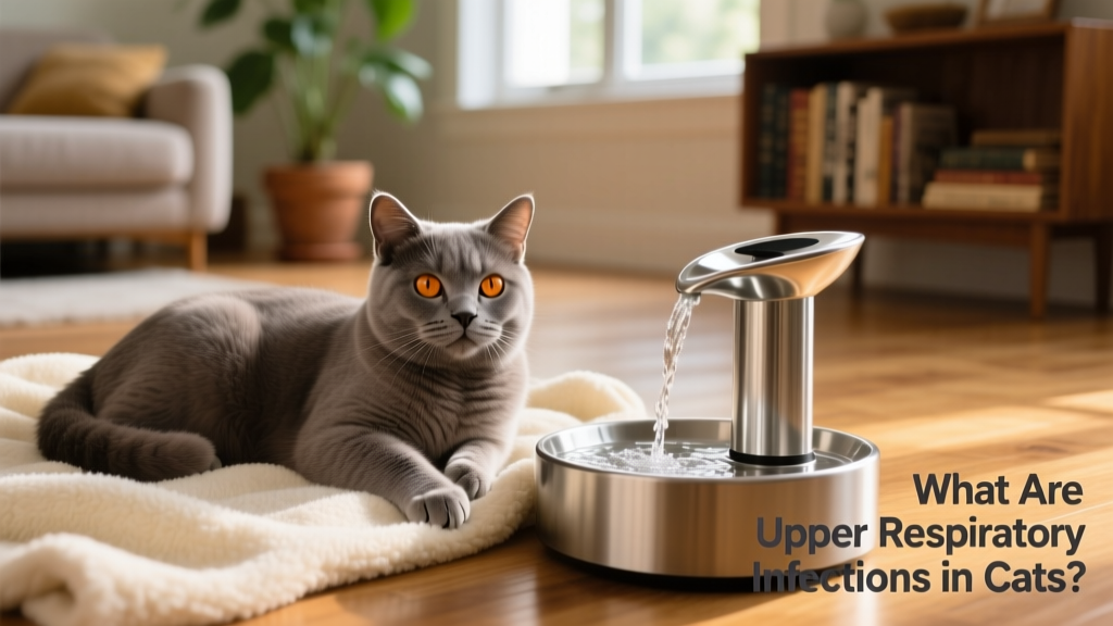 Cat comfortably resting on a soft blanket with a water fountain and bowl nearby