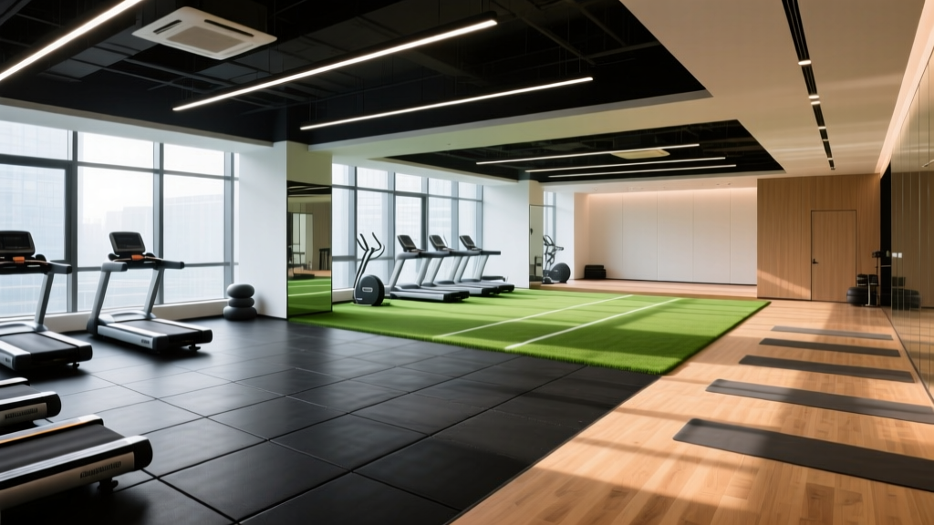 Modern fitness center interior showing distinct zones with black rubber tiles, green padded turf, and light wood studio flooring