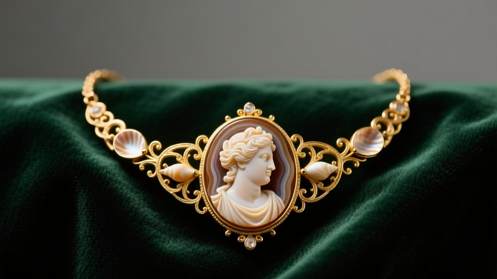 Antique 15k gold Victorian sardonyx shell cameo necklace resting on dark emerald velvet under soft warm directional studio light