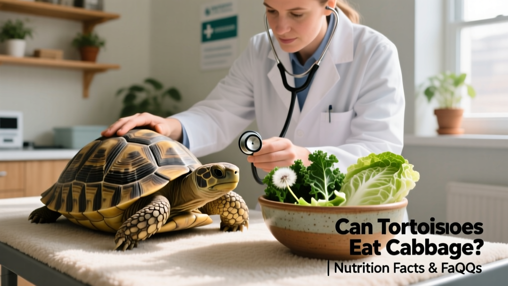 A veterinarian examining a tortoise during a routine wellness check, with a bowl of recommended greens nearby