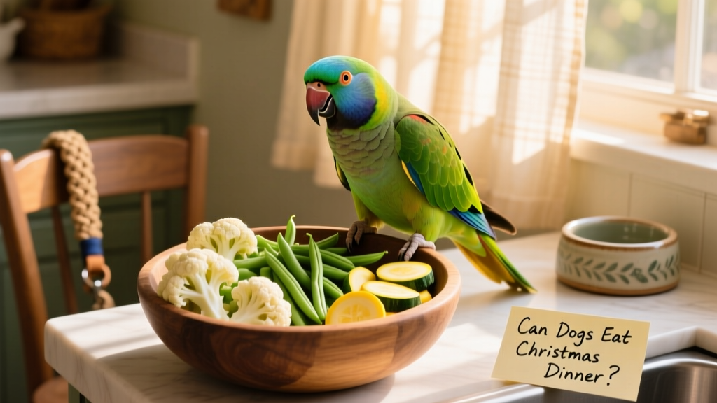 A cheerful parrot perched near a bowl of raw, chopped vegetables—cauliflower, green beans, and squash—served without seasoning or oil