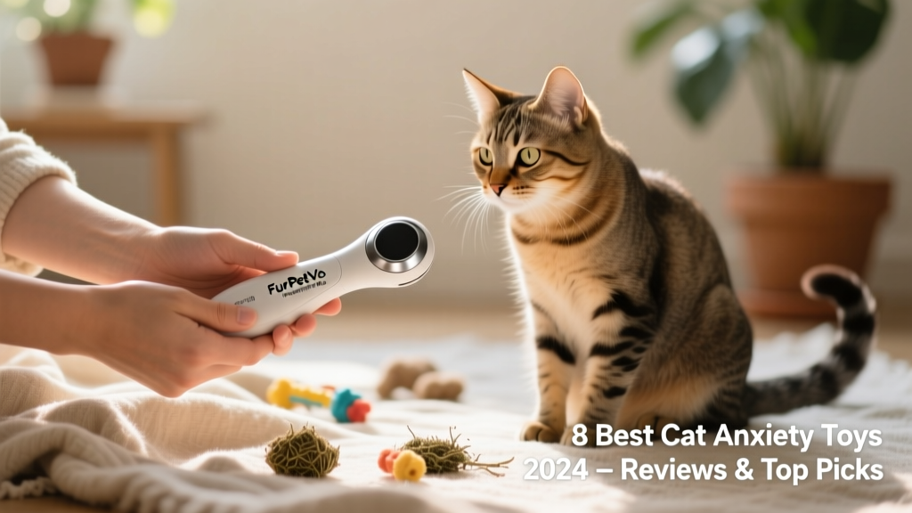 Two hands gently holding a FurPetVo WhisperWand Pro while a calm cat watches intently from a few inches away