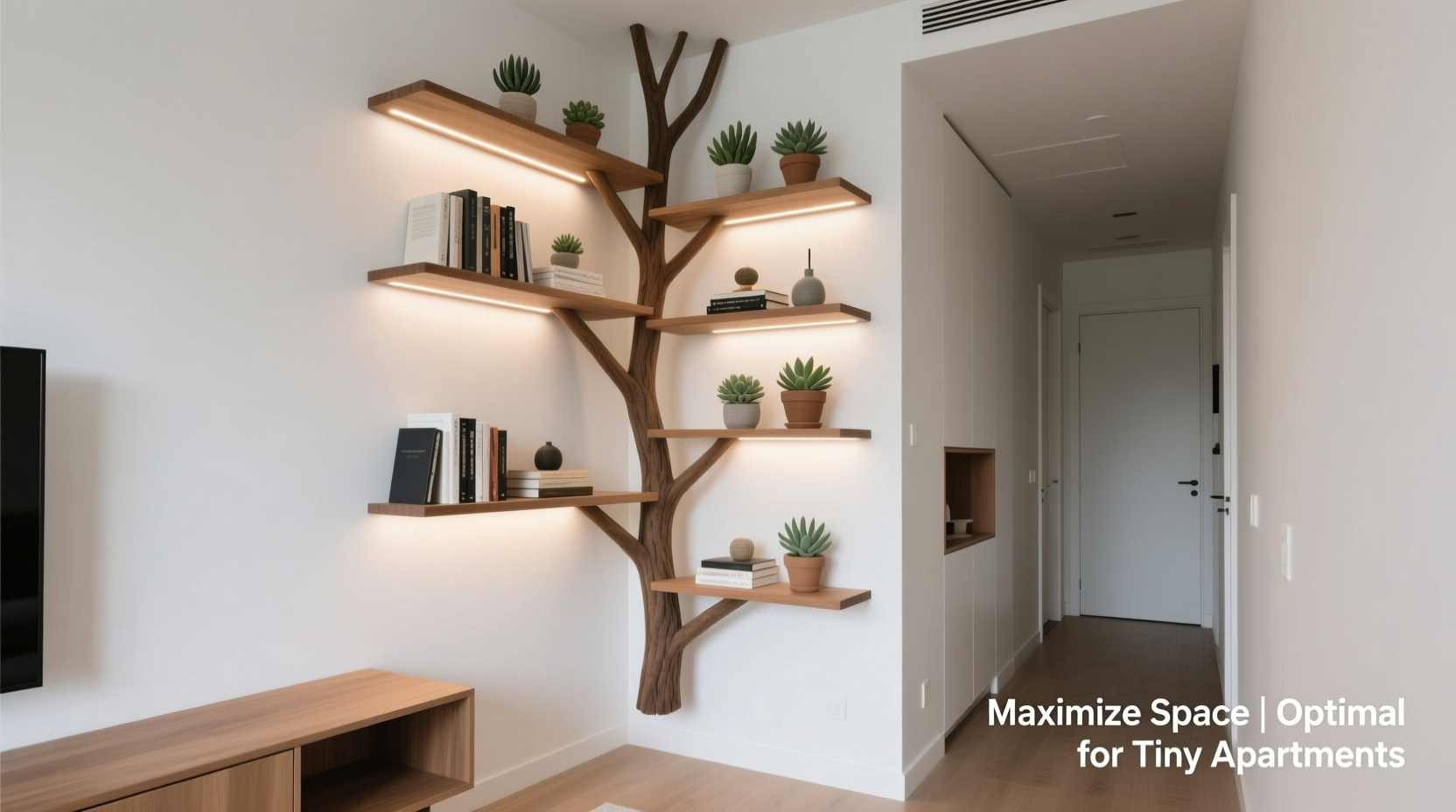 floating shelf tree display vs corner floor model which maximizes tiny apartments