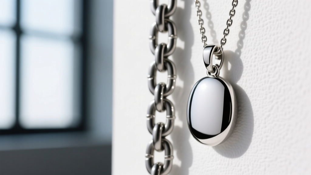 Macro shot of a matte niobium chain link beside a polished titanium pendant, showing non-reflective hypoallergenic metal textures.