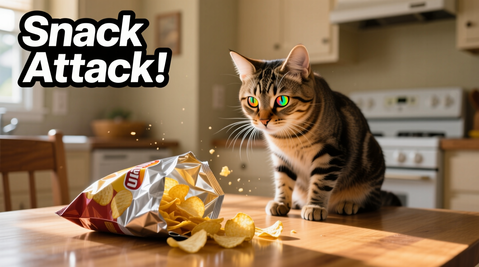 Cat looking at potato chips on table